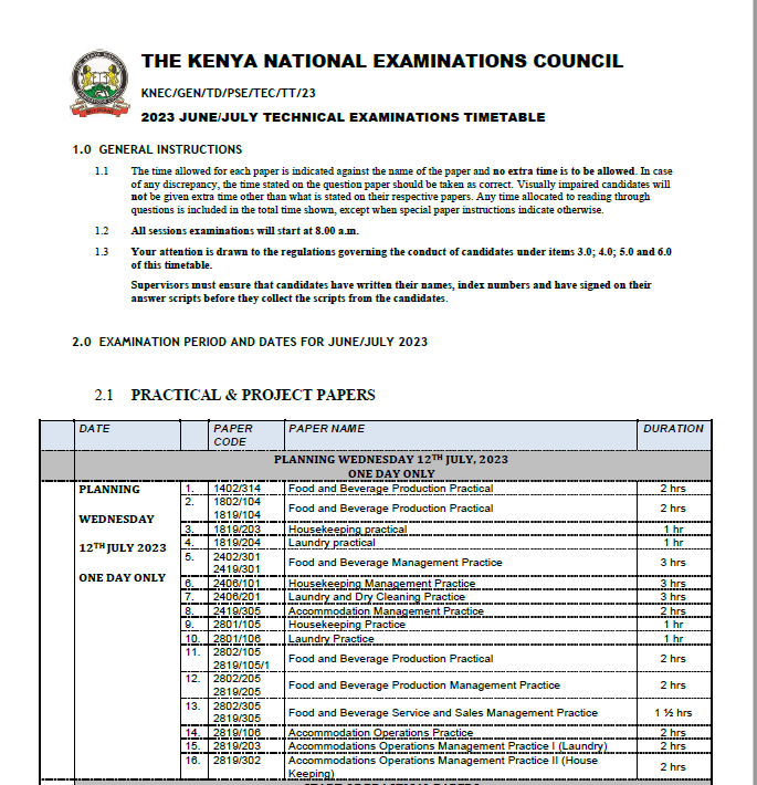 2023 JUNE/JULY TECHNICAL/BUSINESS TIMETABLE EXAMS