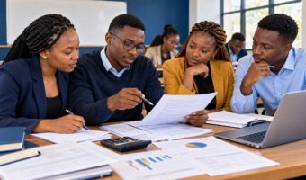 Kenyan business management students reviewing diploma examination papers