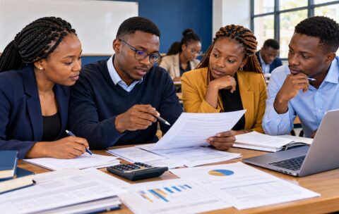 Kenyan business management students reviewing diploma examination papers