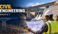 Civil engineering course cover: an engineer studying structural drawings beside a bridge, dam and retaining wall.