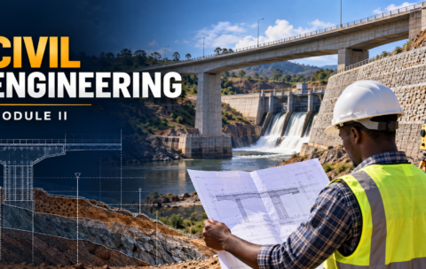 Civil engineering course cover: an engineer studying structural drawings beside a bridge, dam and retaining wall.