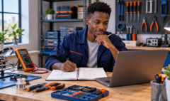 Technical freelancer planning service work at a workshop desk.