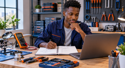 Technical freelancer planning service work at a workshop desk.
