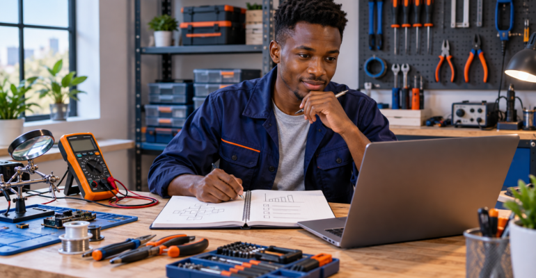 Technical freelancer planning service work at a workshop desk.