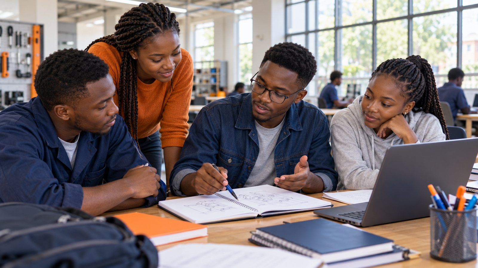 Kenyan TVET students collaborate on revision work at a college study table.