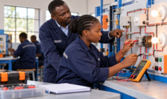Instructor guiding a student through an electrical circuit exercise.