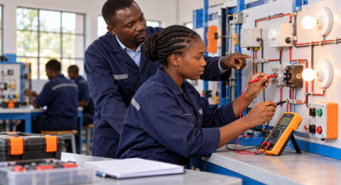 Instructor guiding a student through an electrical circuit exercise.