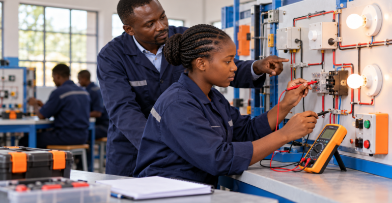 Instructor guiding a student through an electrical circuit exercise.