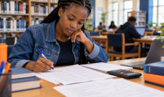 Student working through a past exam paper at a library desk.