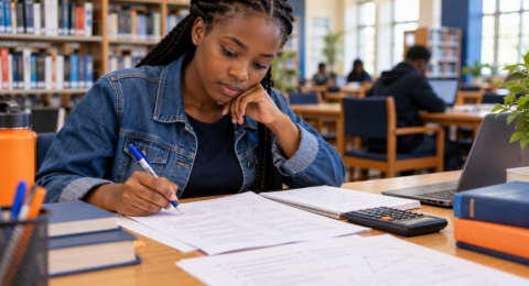 Student working through a past exam paper at a library desk.