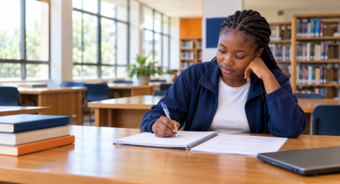 Student preparing for a technical exam with revision notes.