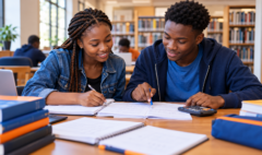 Two students revising together with printed examination papers.