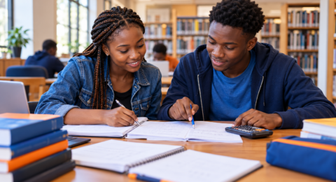 Two students revising together with printed examination papers.