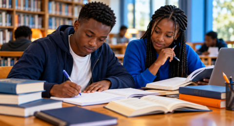 Students collaborating on coursework in a library.