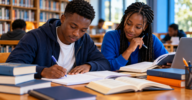 Students collaborating on coursework in a library.