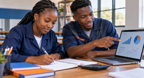 TVET students reviewing a business plan chart on a laptop.