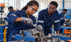 TVET engineering students inspecting a mechanical component in a workshop.