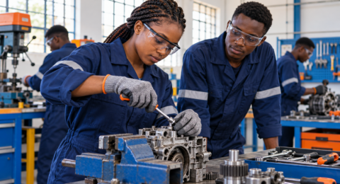 TVET engineering students inspecting a mechanical component in a workshop.