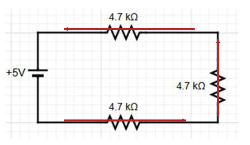 Electron-flow arrows run from the negative terminal through the external resistors toward the positive terminal.
