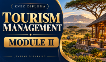 Tourism Management Module II — KNEC Diploma revision course, with a Kenyan safari lodge and landscape.