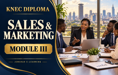 Sales and Marketing Module III — KNEC Diploma management revision, with Kenyan professionals discussing organisational strategy in Nairobi.