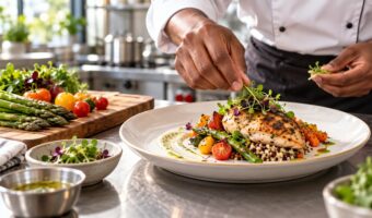 Chef plating a colorful entrée in a professional teaching kitchen.