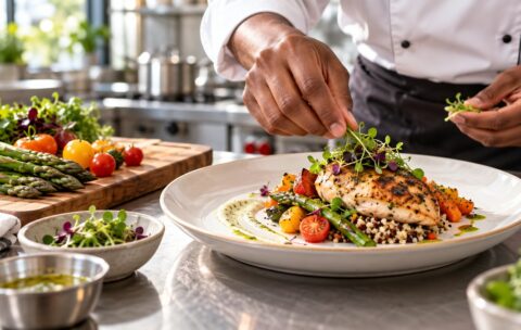 Chef plating a colorful entrée in a professional teaching kitchen.