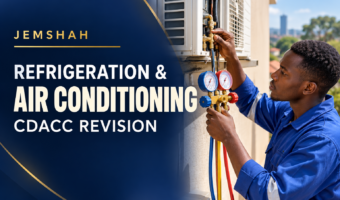Jemshah CDACC Refrigeration and Air Conditioning course cover showing a technician inspecting an air conditioner with pressure gauges.