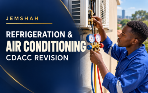 Jemshah CDACC Refrigeration and Air Conditioning course cover showing a technician inspecting an air conditioner with pressure gauges.