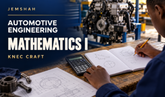 Jemshah KNEC Craft Automotive Engineering Mathematics I course cover showing a mathematics notebook and automotive workshop.