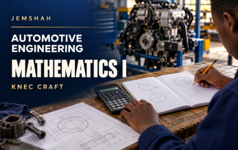 Jemshah KNEC Craft Automotive Engineering Mathematics I course cover showing a mathematics notebook and automotive workshop.