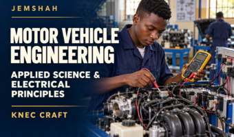 Jemshah KNEC Craft Motor Vehicle Engineering Applied Science and Electrical Principles course cover showing electrical testing at an engine training bench.