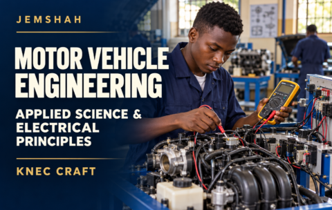 Jemshah KNEC Craft Motor Vehicle Engineering Applied Science and Electrical Principles course cover showing electrical testing at an engine training bench.