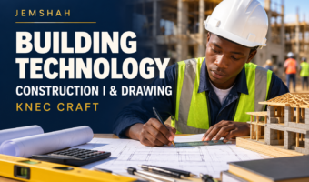 Jemshah KNEC Craft Building Technology Construction I and Drawing course cover showing a student studying architectural plans.