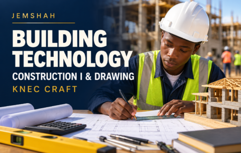 Jemshah KNEC Craft Building Technology Construction I and Drawing course cover showing a student studying architectural plans.