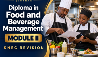 Jemshah Diploma in Food and Beverage Management Module II KNEC revision with chefs in a training kitchen