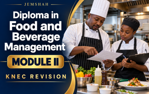 Jemshah Diploma in Food and Beverage Management Module II KNEC revision with chefs in a training kitchen