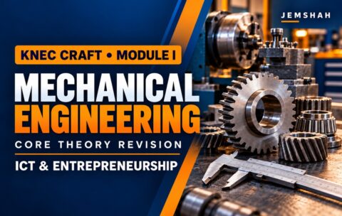 Jemshah KNEC Craft Mechanical Engineering — Module I ICT and Entrepreneurship Education core theory revision course cover, with gears and workshop tools.