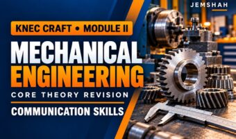 Jemshah KNEC Craft Mechanical Engineering — Module II Communication Skills core theory revision course cover, with gears and workshop tools.