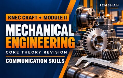Jemshah KNEC Craft Mechanical Engineering — Module II Communication Skills core theory revision course cover, with gears and workshop tools.