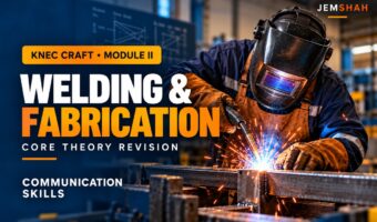 Jemshah KNEC Craft Welding and Fabrication — Module II Communication Skills core theory revision course cover, with a welder wearing protective equipment.