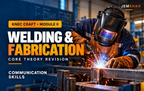 Jemshah KNEC Craft Welding and Fabrication — Module II Communication Skills core theory revision course cover, with a welder wearing protective equipment.