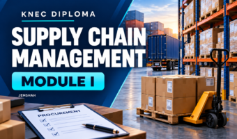 Warehouse shelves, shipping containers and a pallet truck on the Jemshah KNEC Diploma in Supply Chain Management Module I course cover.