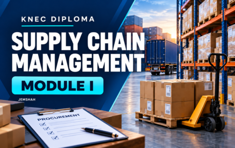 Warehouse shelves, shipping containers and a pallet truck on the Jemshah KNEC Diploma in Supply Chain Management Module I course cover.