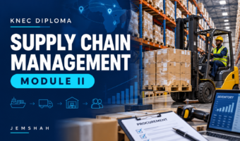 Warehouse shelves, cartons and a forklift on the Jemshah KNEC Diploma in Supply Chain Management Module II course cover.