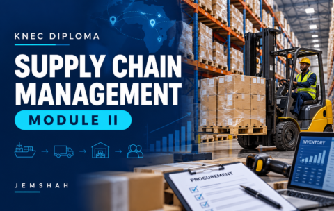 Warehouse shelves, cartons and a forklift on the Jemshah KNEC Diploma in Supply Chain Management Module II course cover.