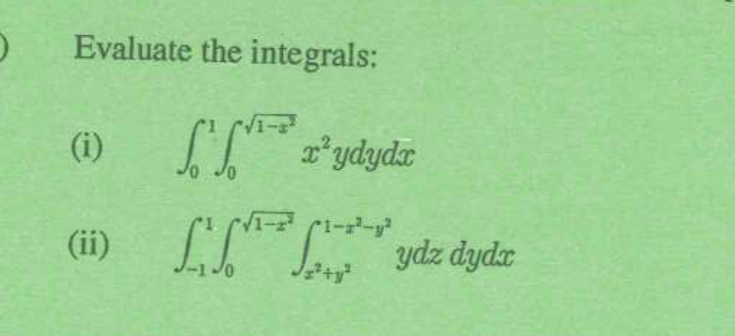 Original Question 5(a) integral expressions, preserving all limits from the supplied paper.