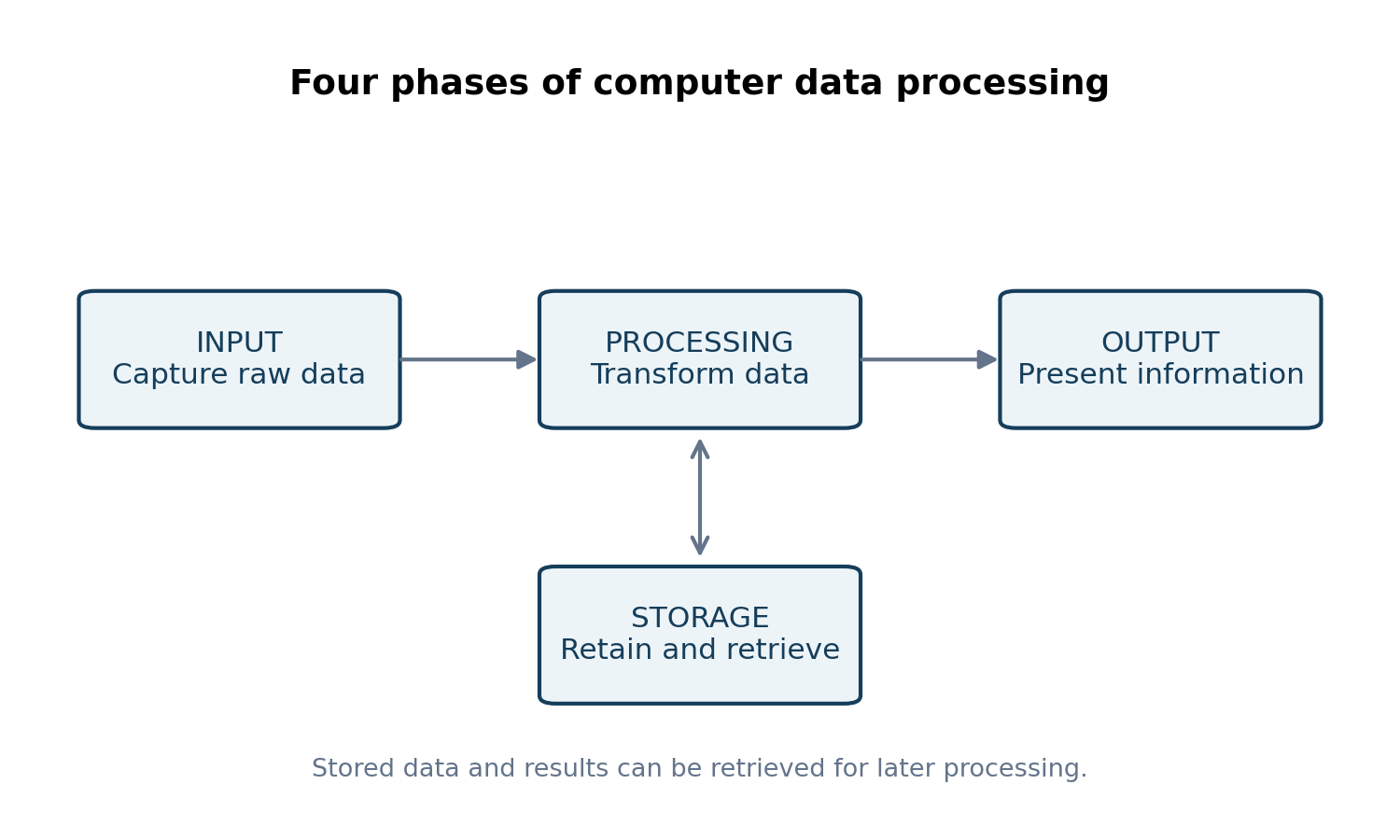 Input feeds processing; processing produces output and exchanges information with storage.