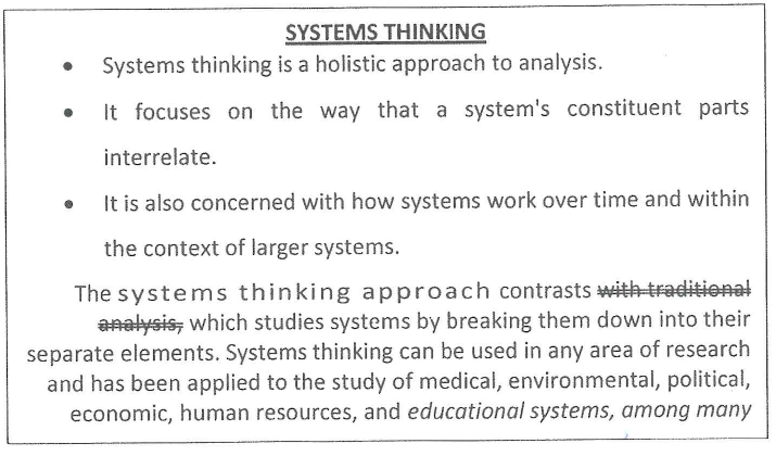 Original SYSTEMS THINKING extract showing its heading, bullets, character spacing, strikethrough and italic text.