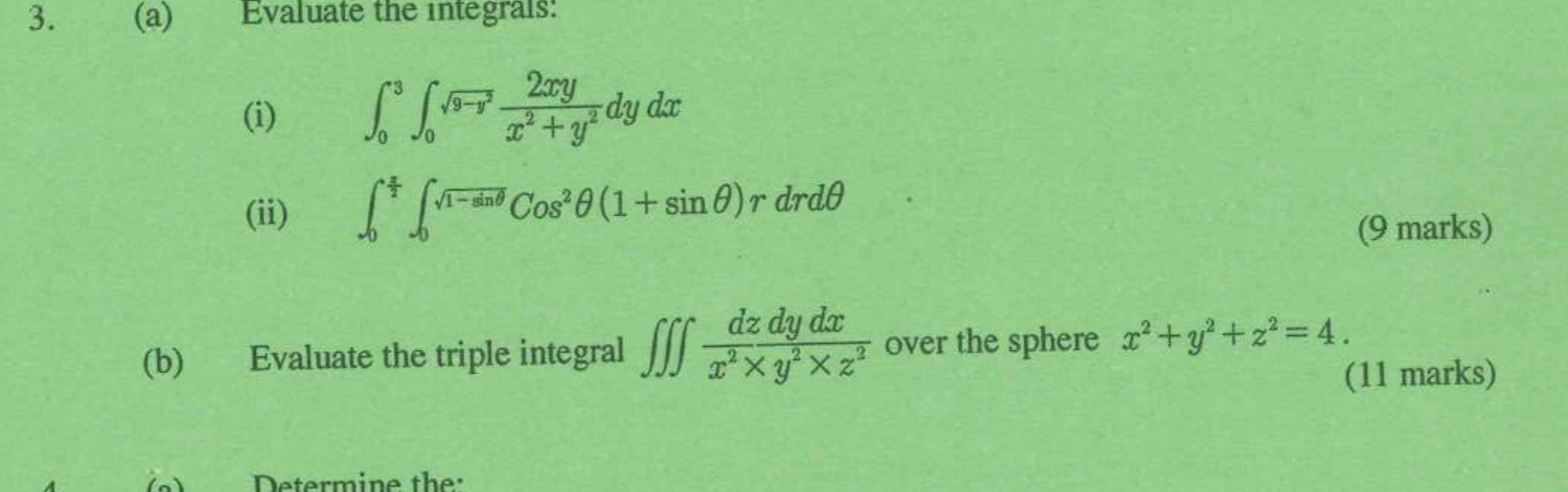 Printed double integrals and triple integral, including the upper-limit variable and multiplication signs in the denominator.
